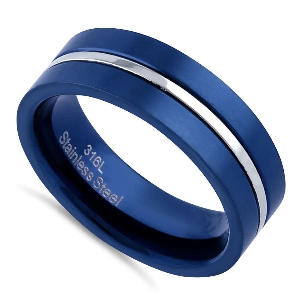 Blue Stainless Steel 6.5mm Satin Finish Striped Band Ring